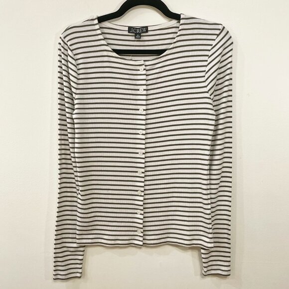 New J.Crew Cotton Modal Striped Ribbed Cardigan Olive White Medium - Picture 3 of 7